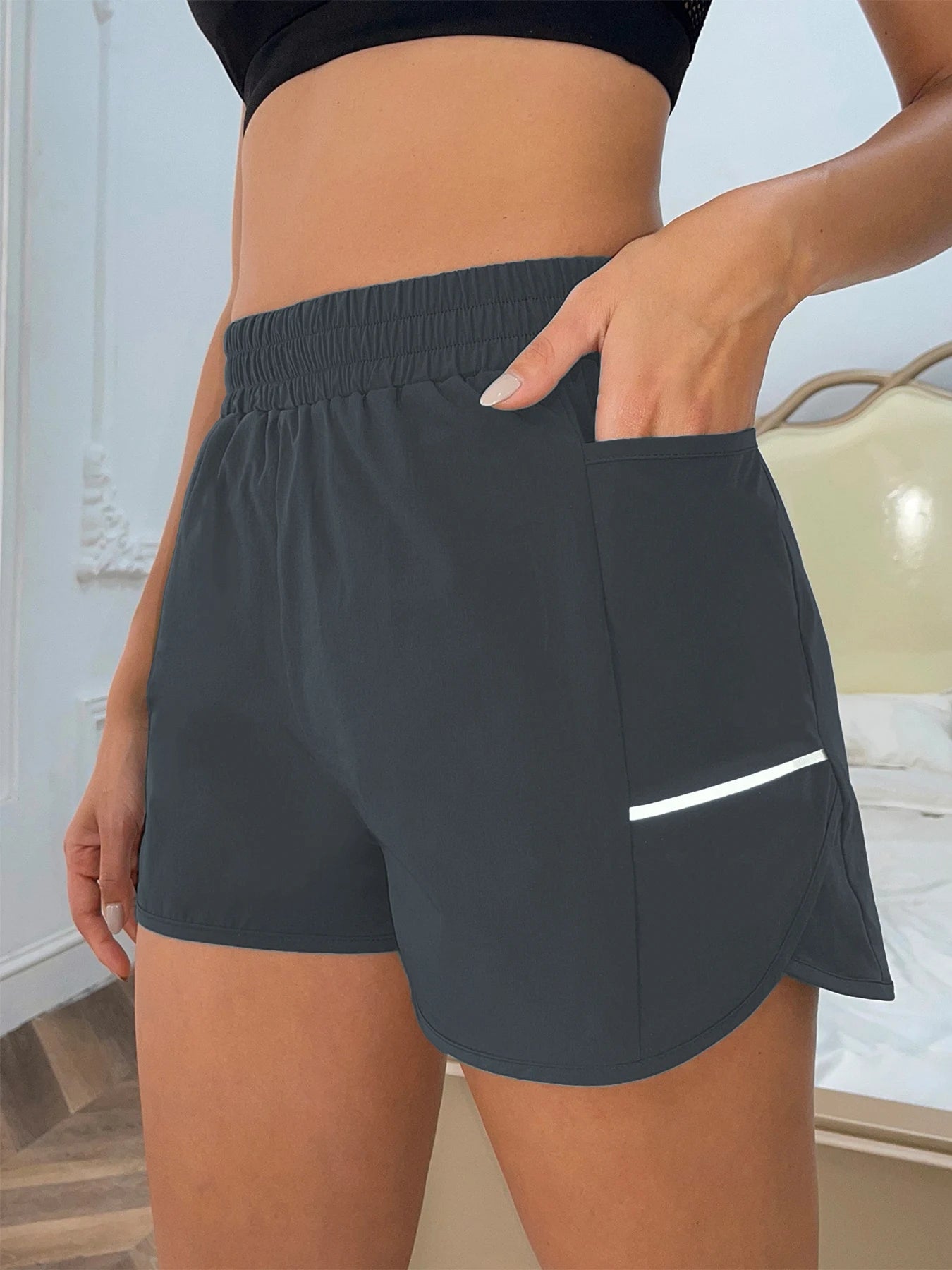 Women's Sports Shorts β Elastic Waist with Phone Pocket & Reflective Strips