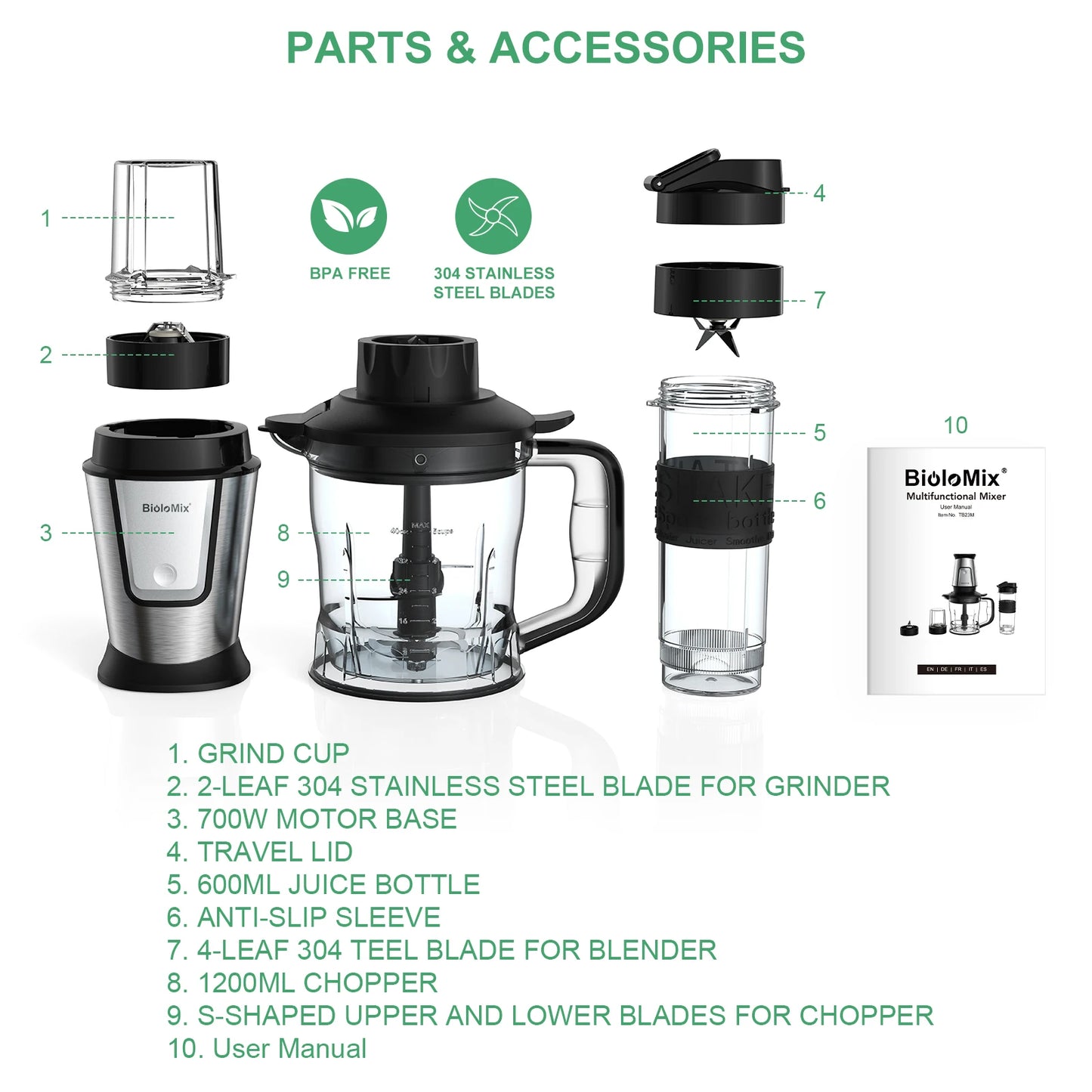 3-in-1 Food Processor - 700W Portable Juicer Blender Chopper