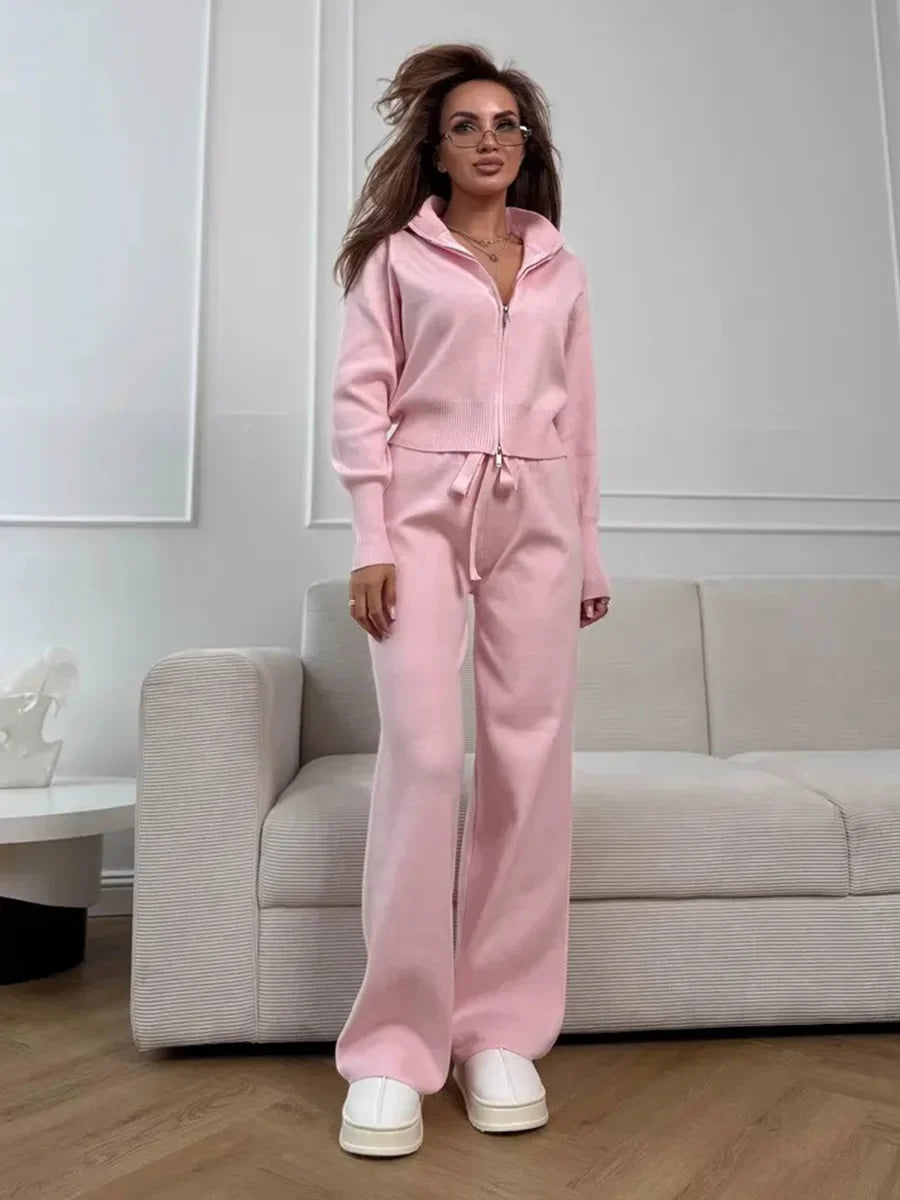 Wolfeel New Autumn Winter Zip Up Knit Pants Set Women's Trendy Slim Fit Cardigan Pants Chic Commuting Sweater Outfit