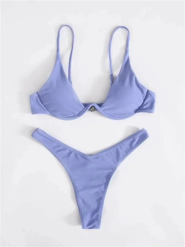 Sexy Red Underwire Bikini - Push Up Bra Thong Swimsuit with V Neck Design - ZOOMNSTORE