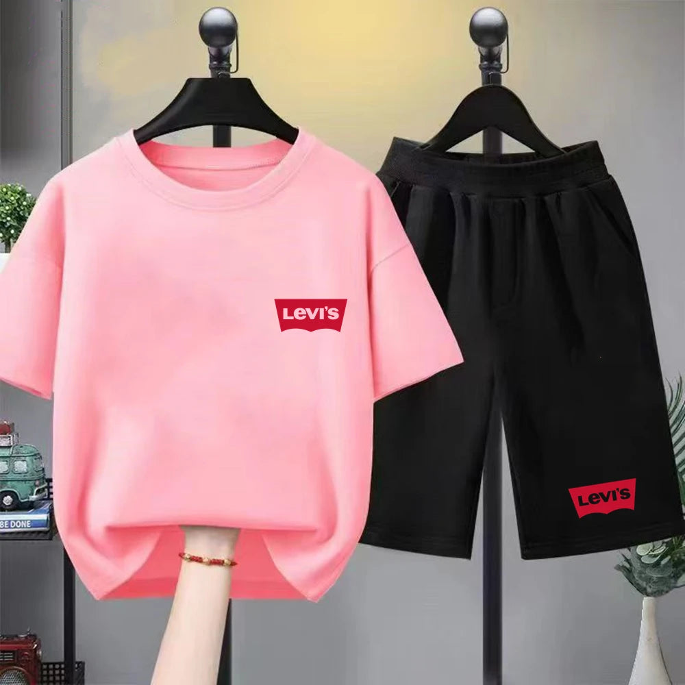 Summer Boy Girl Red T-shirt+Shorts Two-piece Set Kids Brand Clothing Fashion 3-12Yrs Sports Short-sleeved Casual Black Set