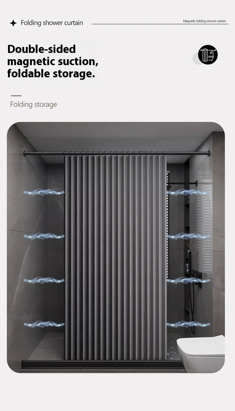 Folding Linen Shower Curtain - Waterproof with Magnets for Walk-in Showers - ZOOMNSTORE