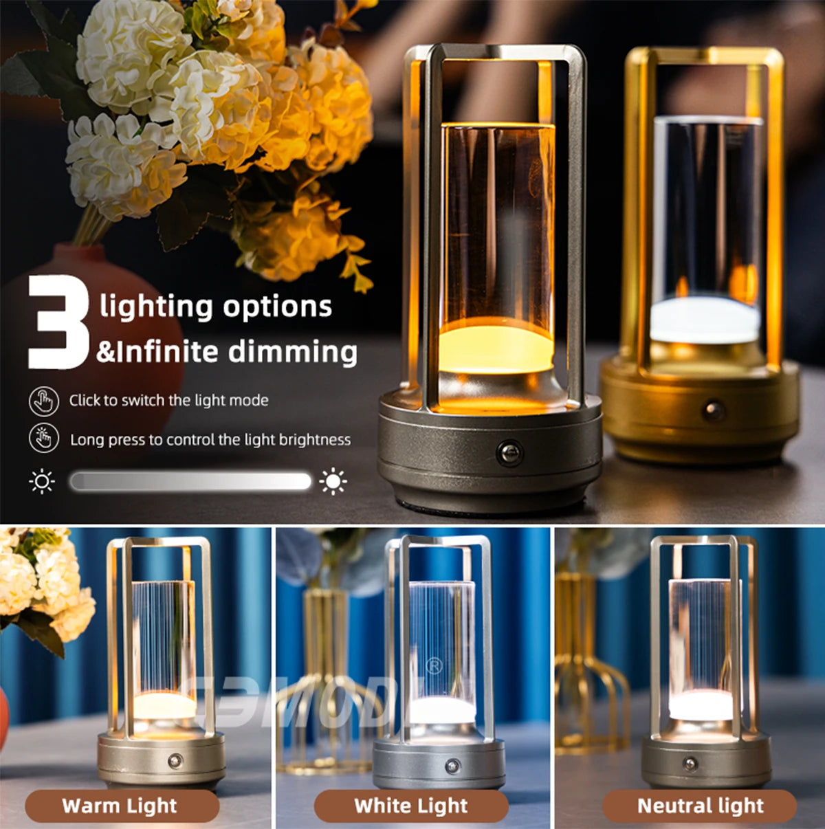 Rechargeable LED Crystal Touch Table Lamp - Decorative Bedroom Restaurant Night Light - ZOOMNSTORE