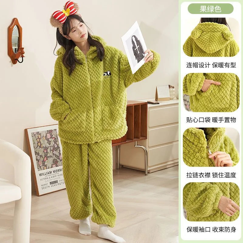 Autumn Winter Women's Sleepwear Flannel Pajamas Set Thick Fleece Nightwear Sets Warm Home Suits Hoodie Plus Pants