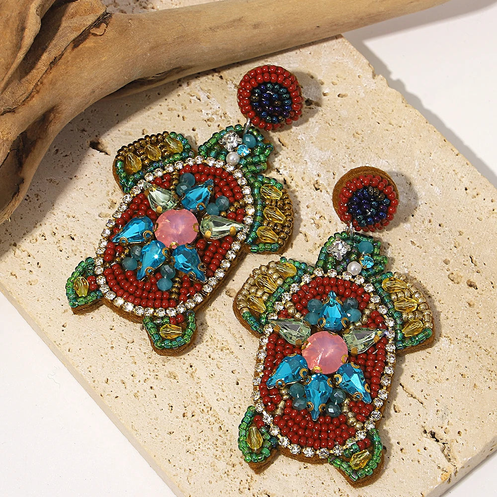 Bohemian Ocean Animal Earrings - Starfish Lobster Conch Seed Bead Drop Earrings for Women