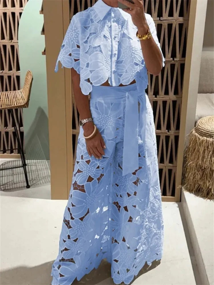Wmstar Two Piece Set Women Hollow Out Wide Leg Pants Sets Matching Casual Lace Suit Suits Wholesale Dropshipping New Style