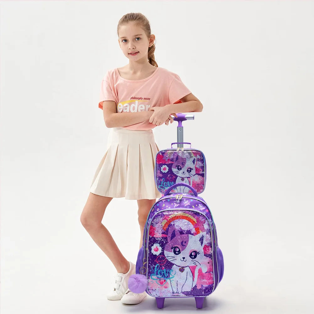 Rolling Backpack Set for Girls - Cute Cartoon Cat Wheeled Bookbag with Lunch Box Pen Bag - ZOOMNSTORE
