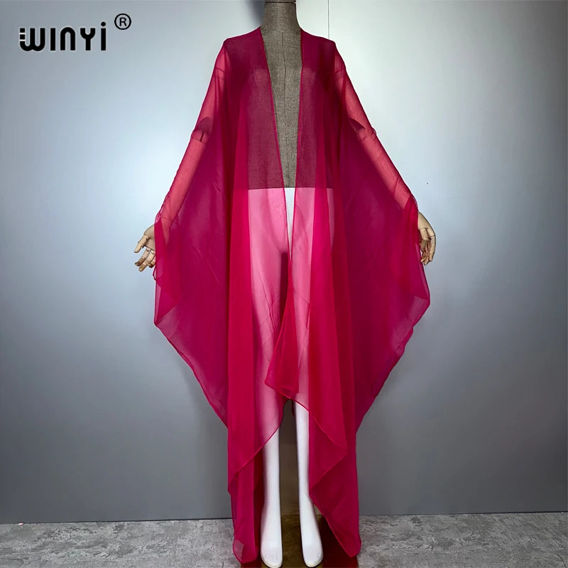 WINYI Beach sexy Cover Ups for Swimwear Women Kimono Swimsuit Cape Summer Dress 2023 Beachwear Monochrome perspective yarn dress
