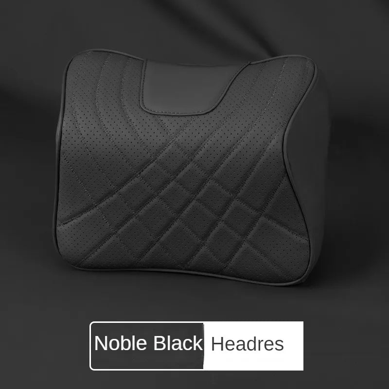 Car Headrest Pillow - Memory Foam Lumbar Support Cushion Set With Leather Cover