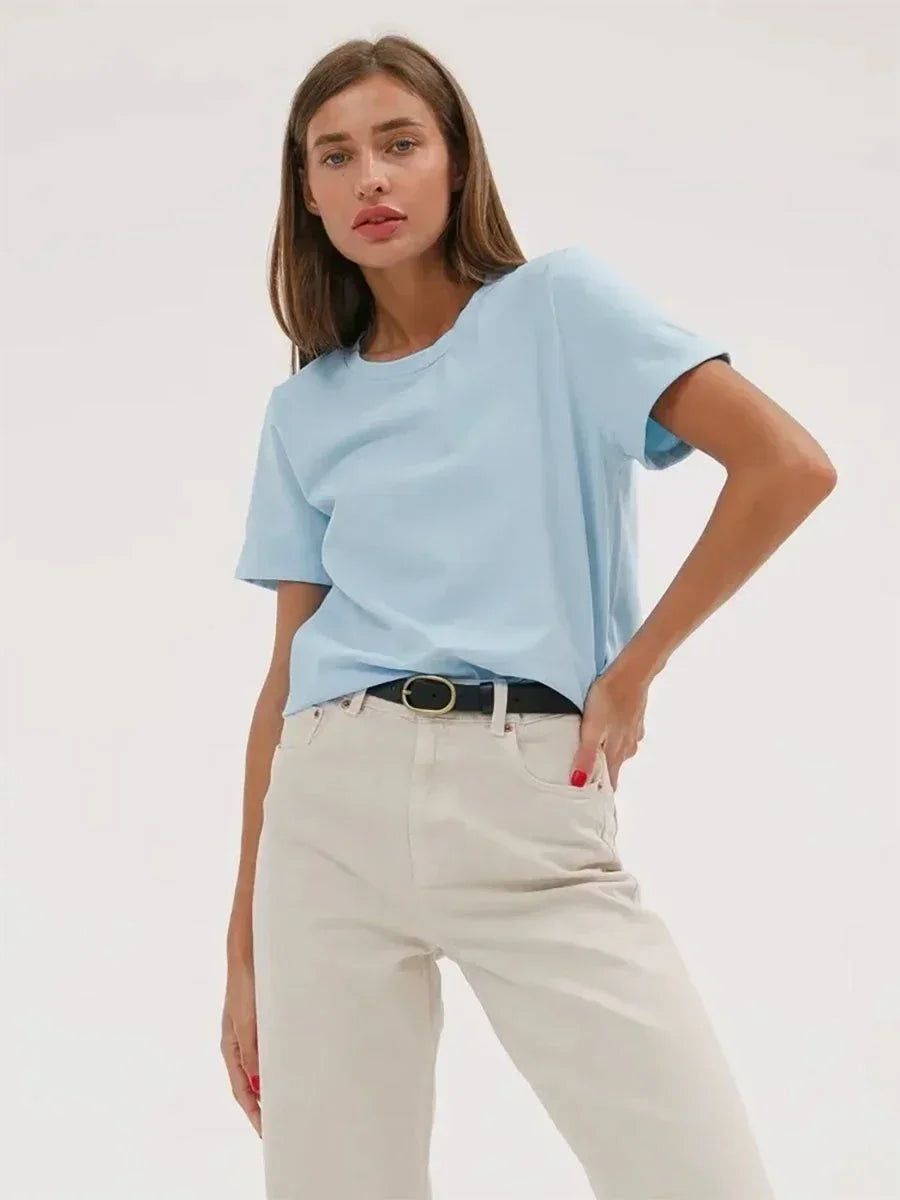 Cotton Womens T-Shirt - Summer Short Sleeve Loose Basic Top - ZOOMNSTORE