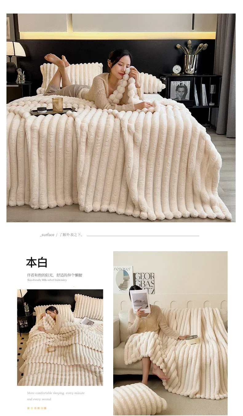 Artificial Rabbit Plush Blanket - Soft Coral Fleece Throw for Bed Sofa - ZOOMNSTORE