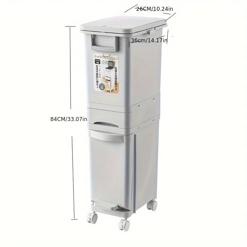 Large Dual-Compartment Trash Can - Durable Plastic Bin for DryWet Separation