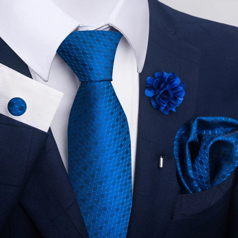 Luxury Mens Floral Black Gold Tie Set - Paisley Necktie Pocket Square Cufflinks Brooch for Weddings and Parties