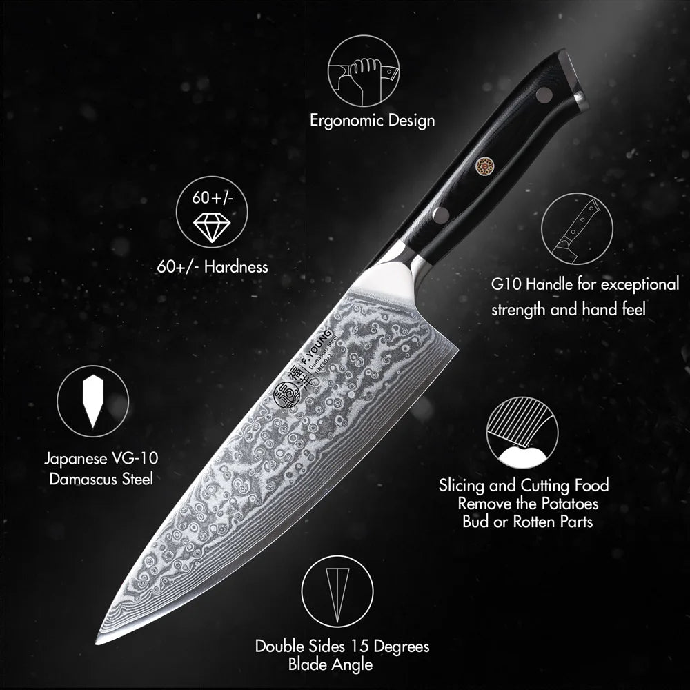 FYOUNG 8-Inch Damascus Chefs Knife - VG10 Super Sharp Kitchen Knife