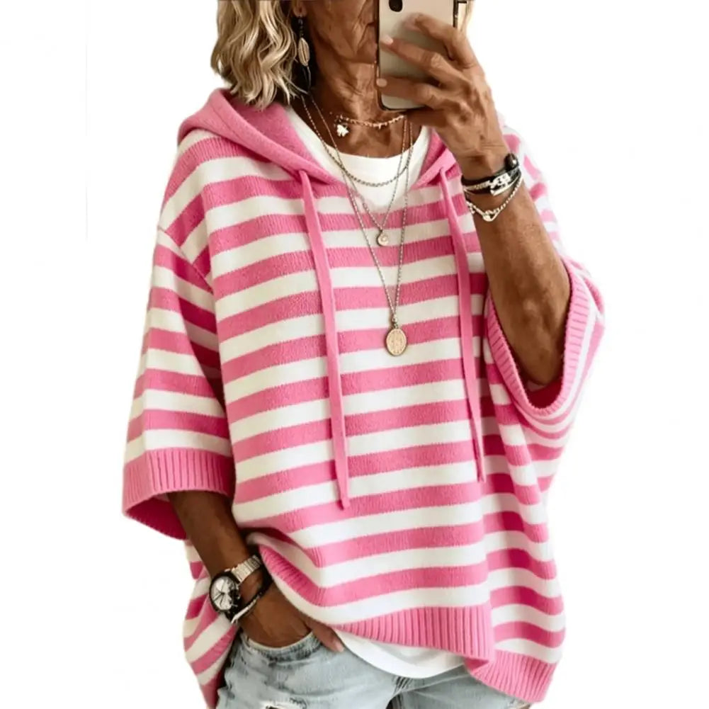 Hooded Pullover Top Women’s Hooded Striped Knit Sweater Loose Half Sleeve Pullover Autumn Winter Drawstring Hoodie for Comfort