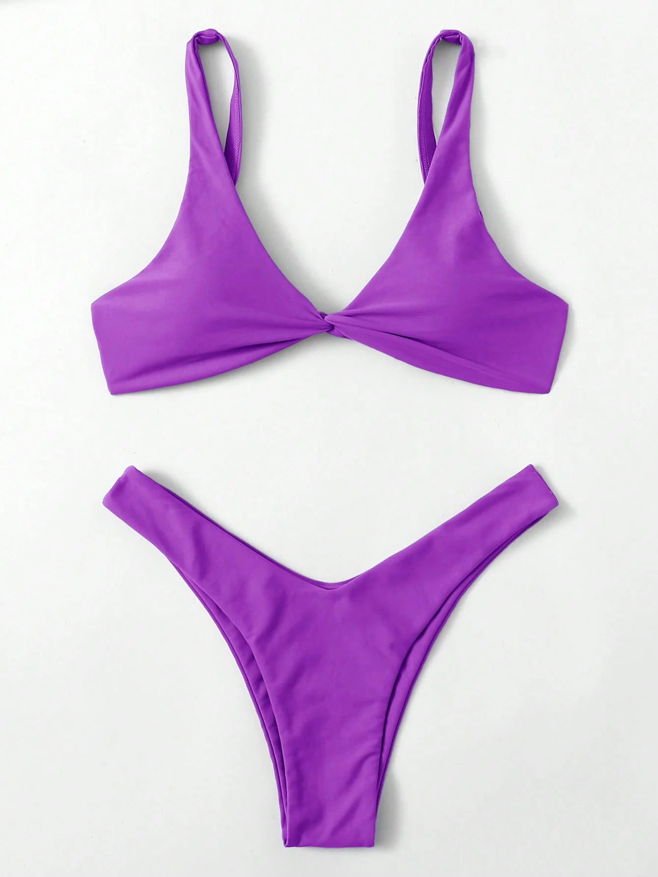 Solid Tie Bikini Set - Padded Push-Up High Leg Brazilian Swimsuit for Women - ZOOMNSTORE