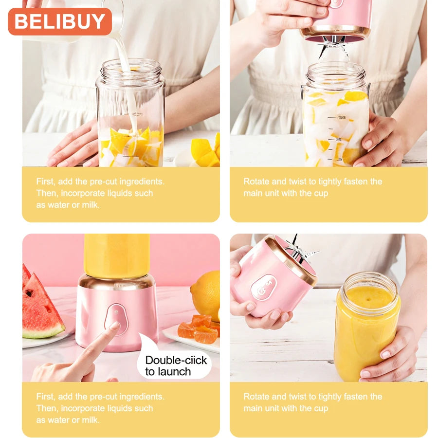 Portable USB Fruit Juicer Blender - Multifunctional Mini Juice Mixer with 6 Blades