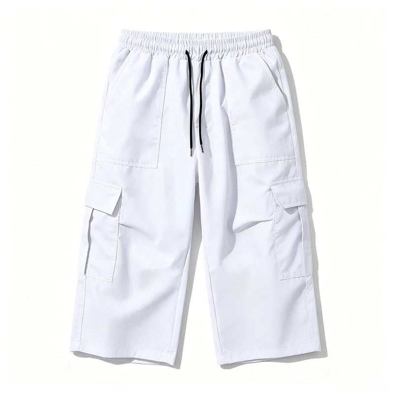 2026 New Men Multi Pocket Cargo Capri Shorts Loose Fit Daily Street Travel Outdoor Casual Drawstring Waist Cropped Short Pants