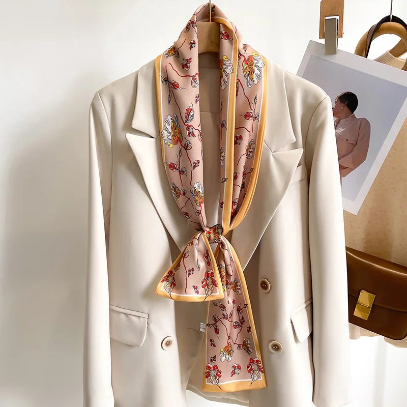 Floral Silk Scarf - Long Ribbon Neck Tie Headband for Women