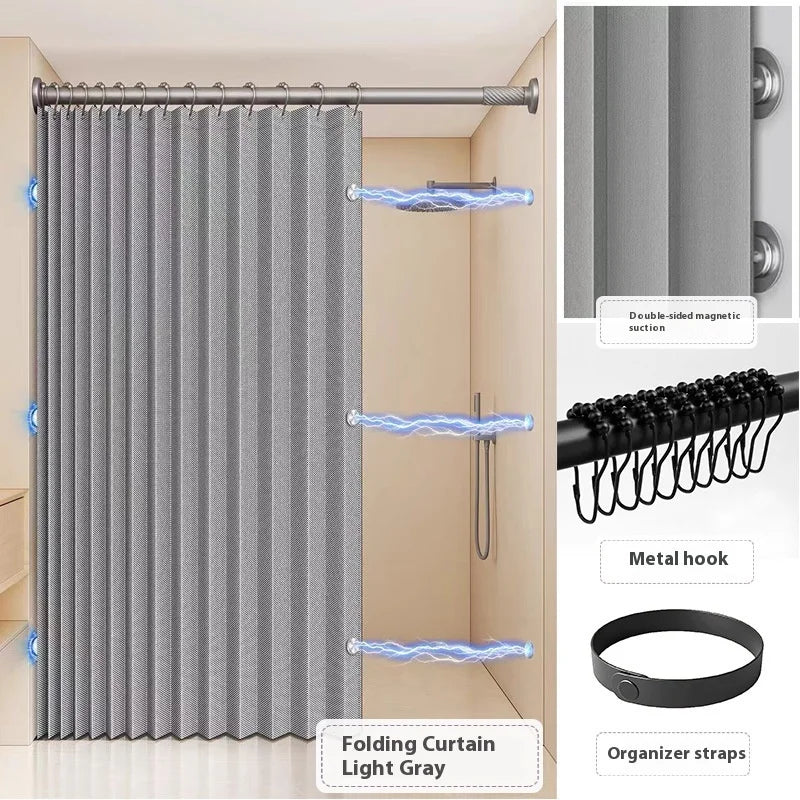 Folding Linen Shower Curtain - Waterproof with Magnets for Walk-in Showers - ZOOMNSTORE