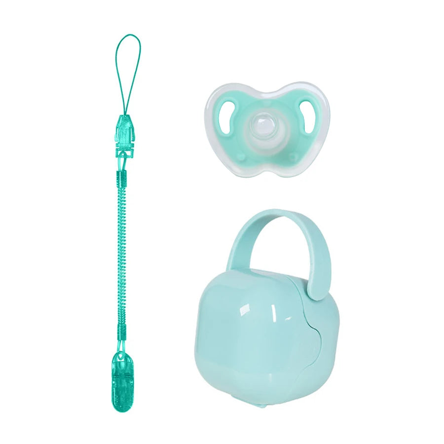 3Pcs Baby Apple Pacifier Set Silicone Soother with Spring pacifier chain and PP storage Box 100% BPA Free Portable Pacifier Set
