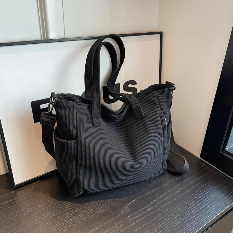 Corduroy Shoulder Bag - Large Capacity Crossbody Zipper Closure Purse