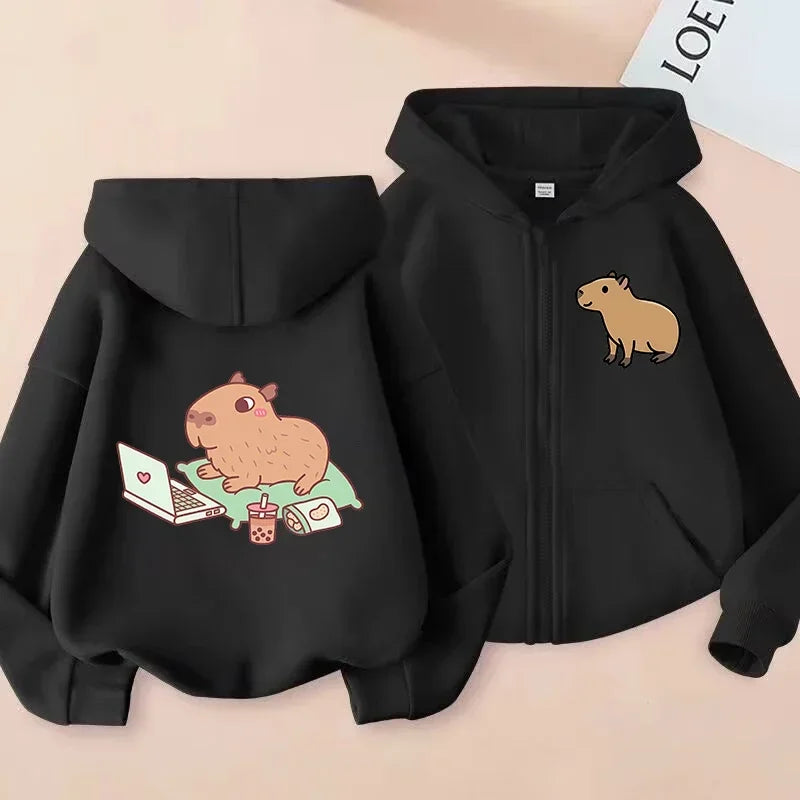 Kawaii Capybara Zip Up Hoodie - Childrens Manga Sweatshirt for Kids - ZOOMNSTORE