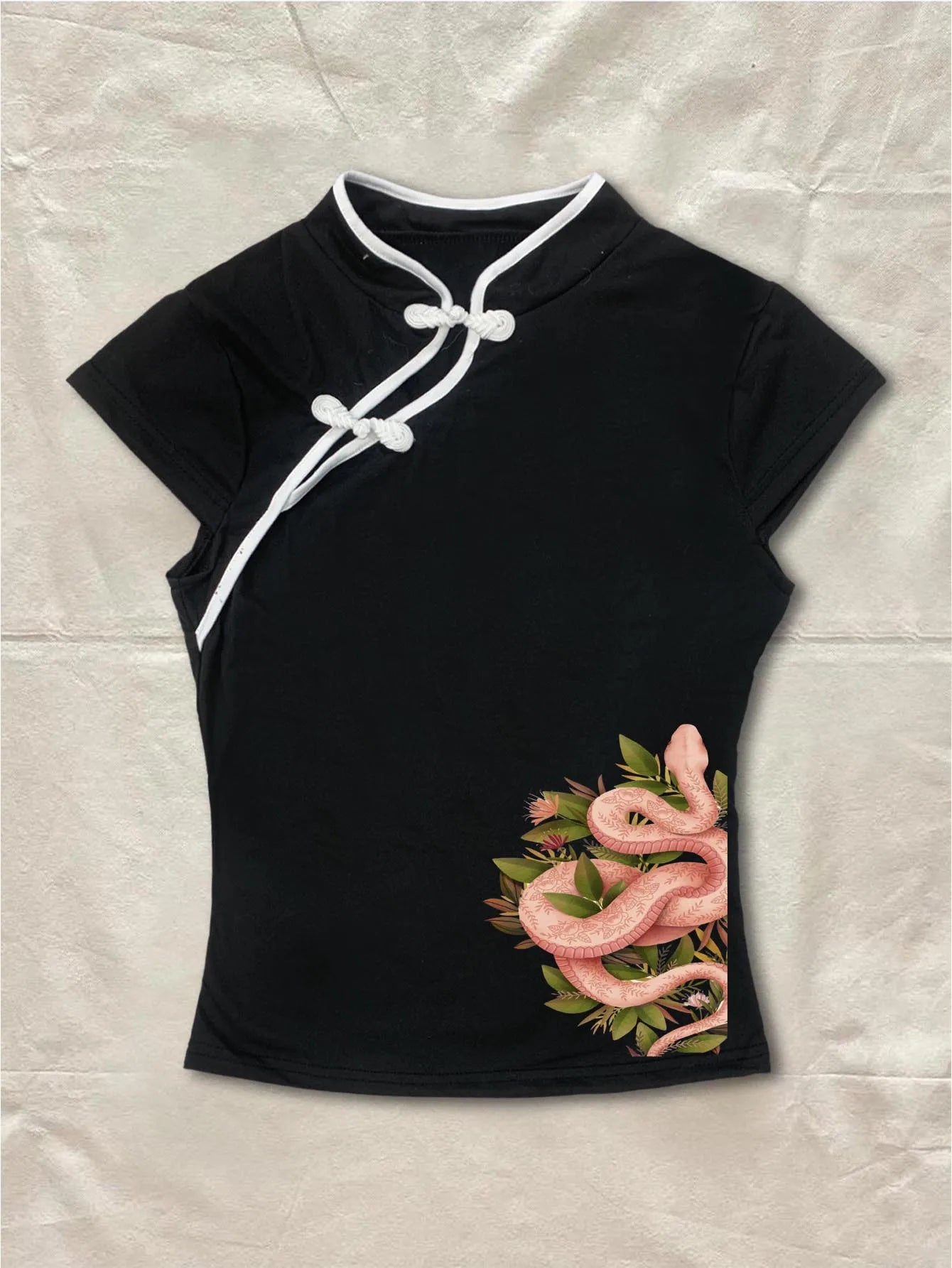 Coquette Cami Top Women Black Luna Moth Graphic Qipao Inspired Mandarin Collar Knot Detail Short Sleeve Fitted Top 2026