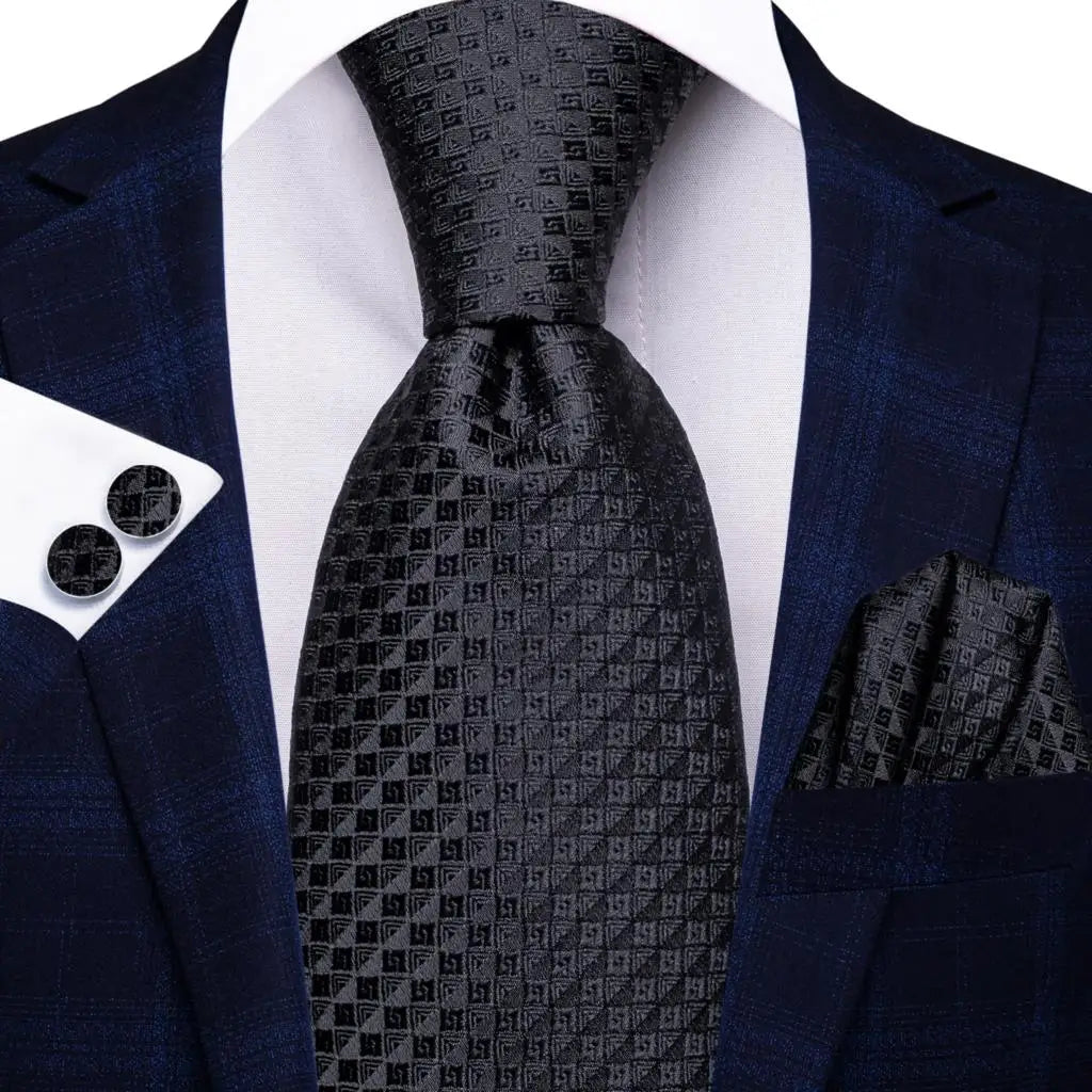 Black Floral Silk Wedding Tie Set - Elegant Necktie with Handkerchief Cufflinks for Men