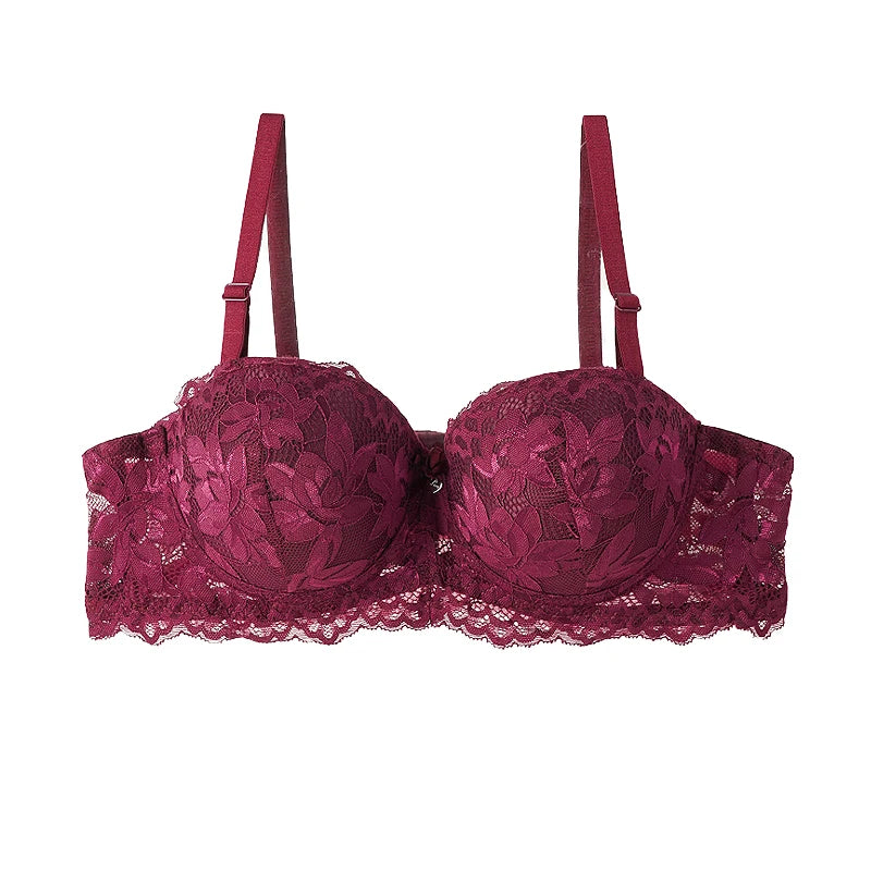 Women's Push Up Half Cup Bras French Lace Floral Bralette Thicken Bottom Gathered Underwire 36-42 A/B Cup Small Chest Underwear