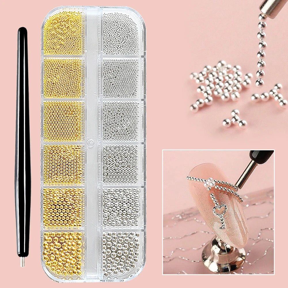 Mini Caviar Beads Nail Art Set - GoldSilver Micro Ball Charms with Magnetic Pen