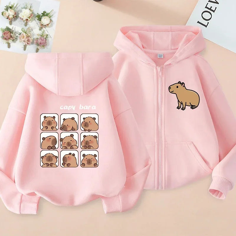 Kawaii Capybara Zip Up Hoodie - Childrens Manga Sweatshirt for Kids - ZOOMNSTORE