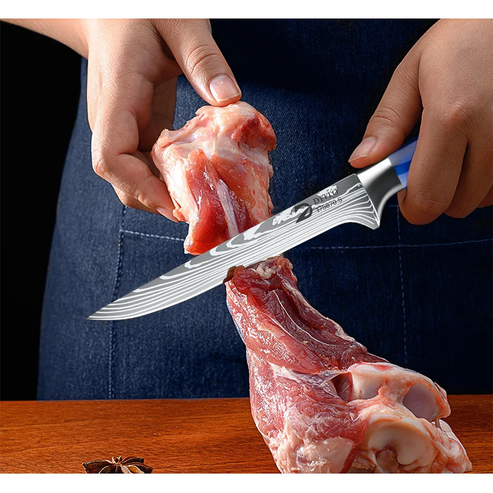 Damascus Steel Kitchen Knife Set - 8-Piece Chef Utility Paring Boning Cleaver Santoku with Nylon Bag