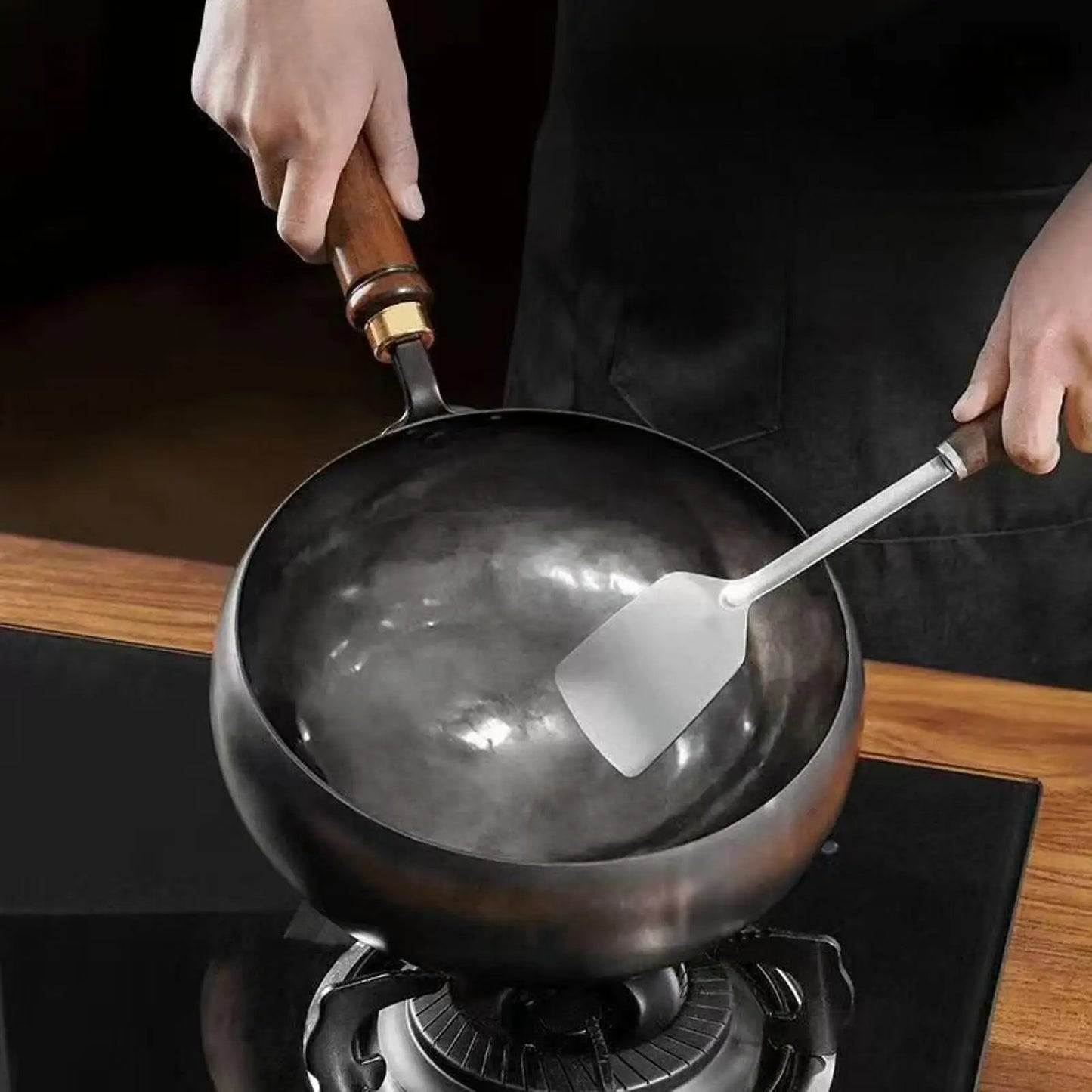 Nonstick Iron Wok with Wood Handle - Gas Stir Fry Pan for Home and Camping