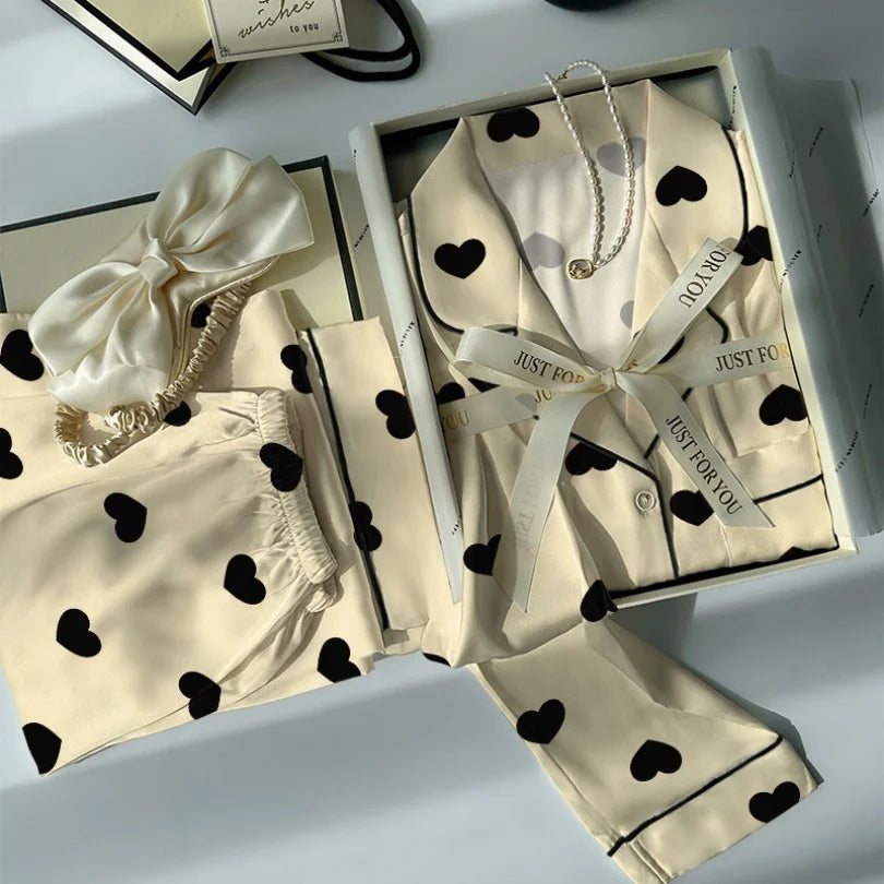 Women's Spring and Summer Light Luxury High Value Love Love Ice Silk Cool Feeling Pajamas Female Long-Sleeved Two-Piece Homewear