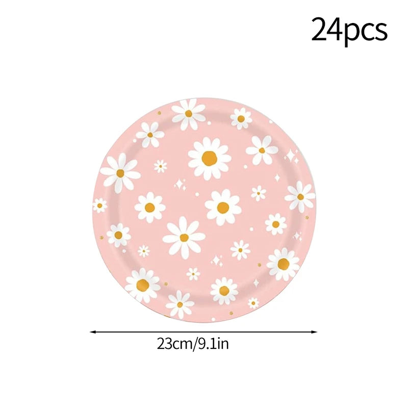 Pink Daisy Disposable Tableware Set - 24pcs Plates Napkins Straws for Birthday Baby Shower Wedding Decor