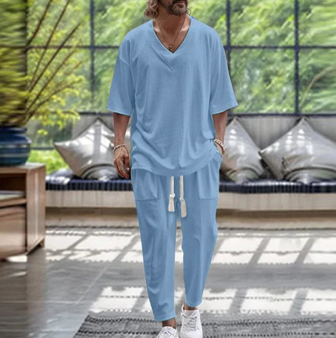 Summer Casual Trousers Set Cotton Linen 2 Piece Men's V-neck Short Sleeve T-shirt and Pants Hawaiian Beach Cotton and linen Set