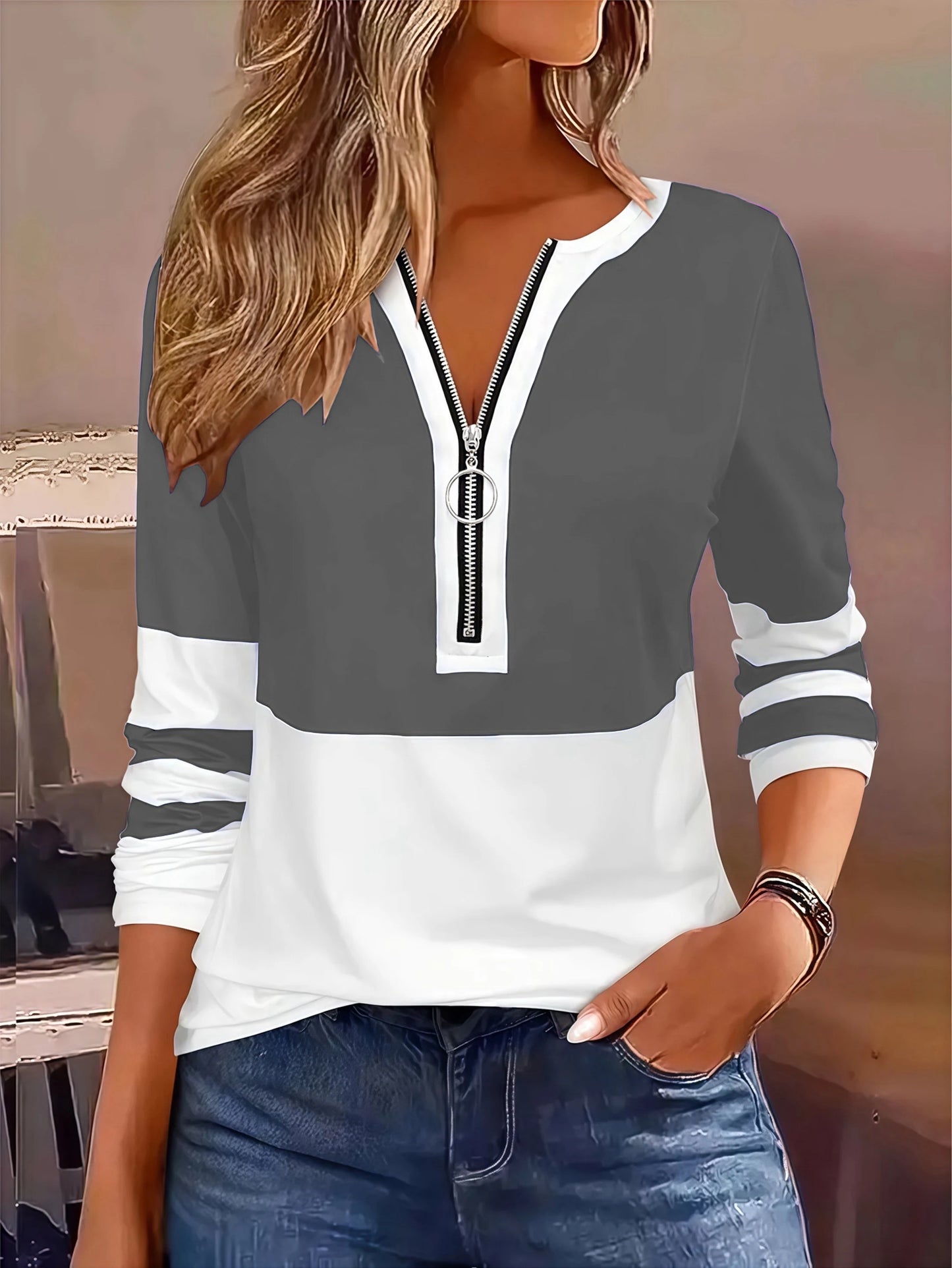 Plus Size Long Sleeve T-Shirt – Loose Fit Striped Top with Color Block Zipper