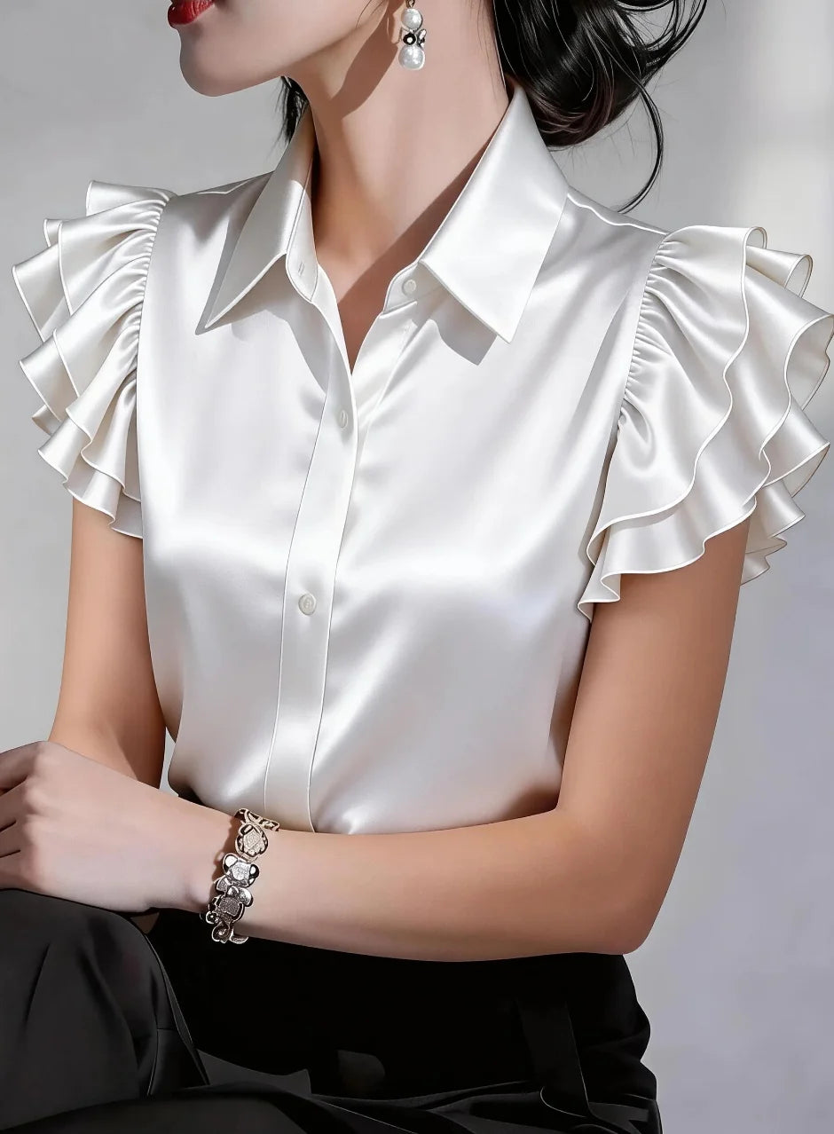 Elegant Satin Button Down Shirt for Women Ruffle Sleeve Collared Office Work Blouse