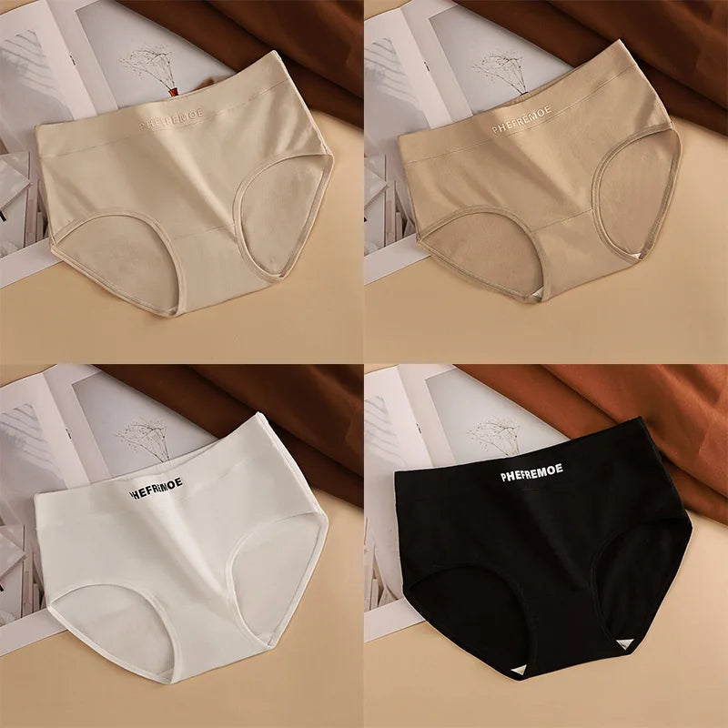 4PCS Women Cotton Mid-Rise Panties Soft Breathable Solid Color Briefs Daily Underwear
