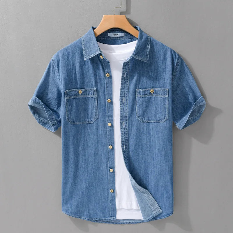 Light and Thin Summer Short-sleeved Denim Shirt for Men, Casual and Breathable, Sweat-wicking, Suitable for Daily Commuting.