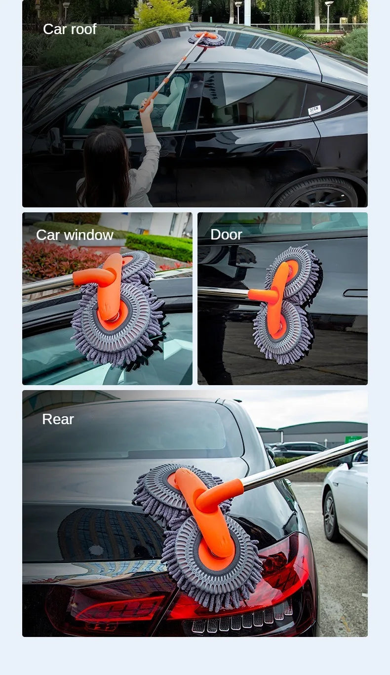 Telescopic Car Cleaning Mop - Chenille Double Brush Head for Roof Window