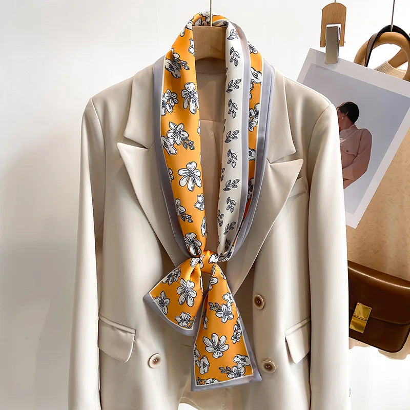 Floral Silk Scarf - Long Ribbon Neck Tie Headband for Women