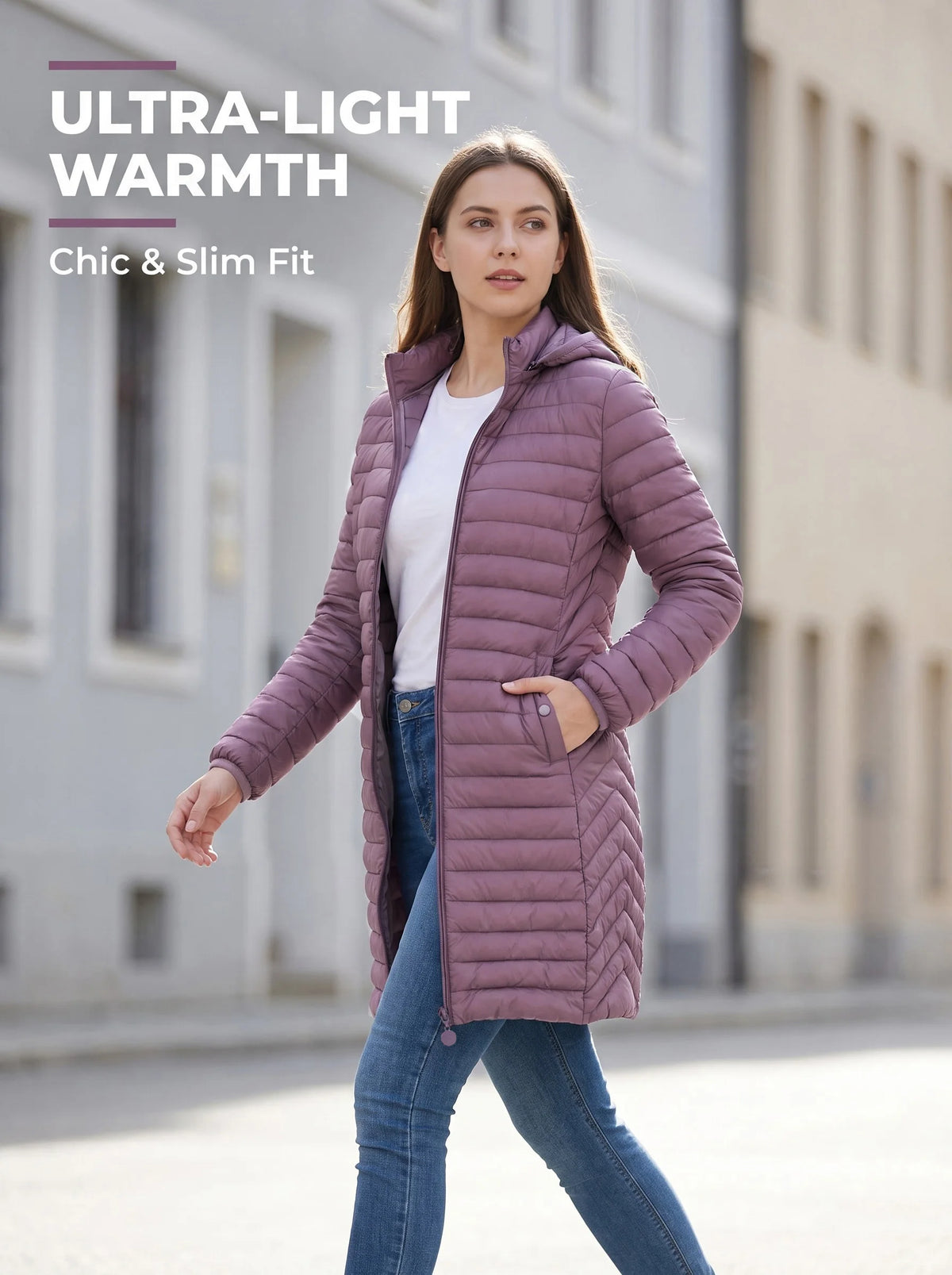 Ultralight Packable Puffer Coat for Women Long Warm Loose Solid Outwear with Detachable Hood