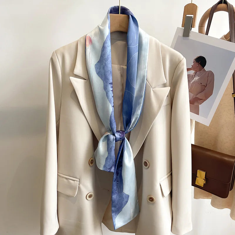 Floral Silk Scarf - Long Ribbon Neck Tie Headband for Women