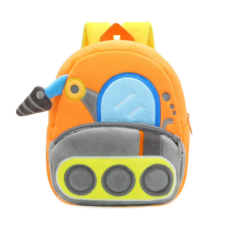Kids Cartoon Excavator Backpack - Plush Engineering School Bag for Ages 2-4
