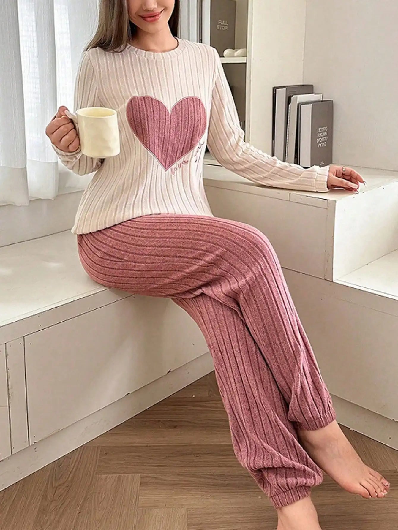 Cozy 100% Polyester Striped Pajama Set for Women, Long Sleeve Love Heart Top & Trousers, Casual Nightwear