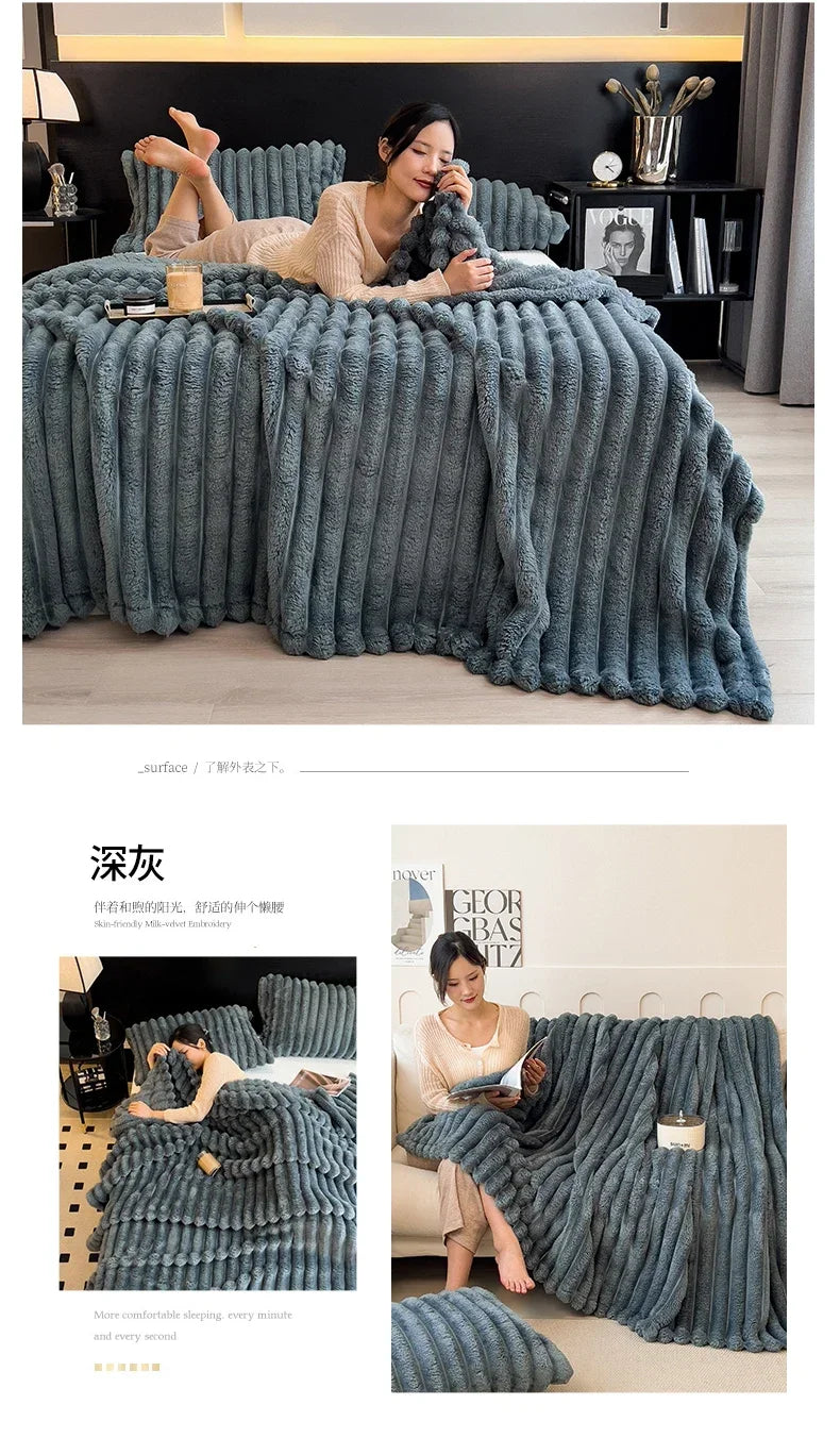 Artificial Rabbit Plush Blanket - Soft Coral Fleece Throw for Bed Sofa - ZOOMNSTORE