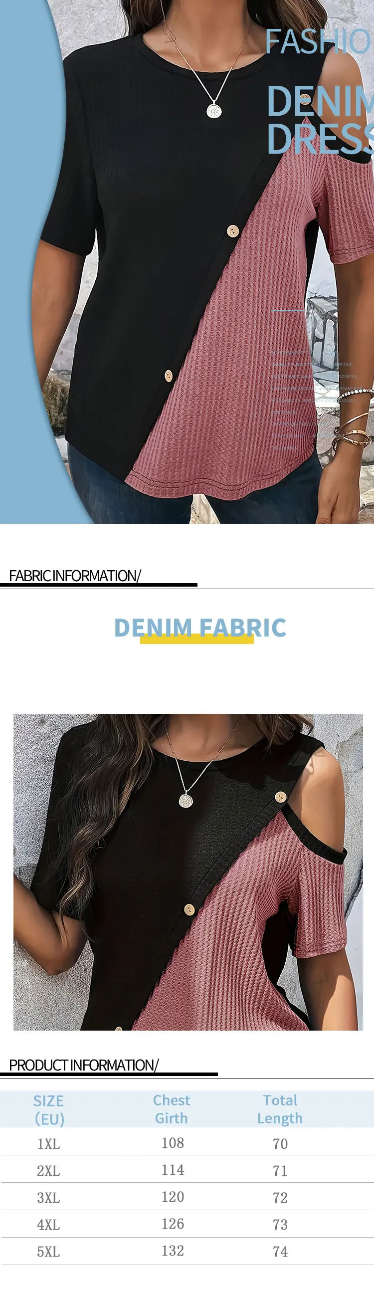 Plus Size T-Shirt - Women's Casual Tee With Button Detail | Loose Fit Patchwork