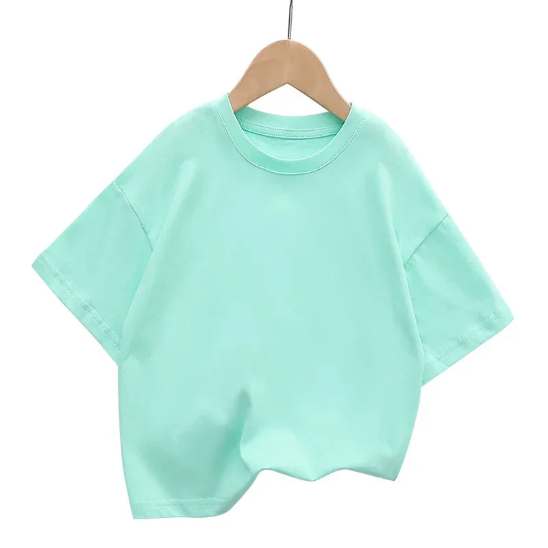 Summer Children's Short Sleeved T-shirt New Fashion Kids Shoulder Down T-shirt Top Cotton Trendy Student Tee 2-12 Years Old